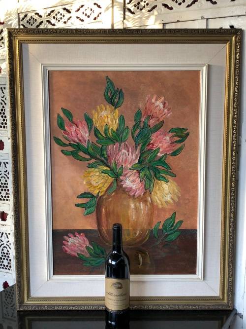 INVESTMENT ART !! BEAUTIFUL LARGE FRAMED OIL ON BOARD - STILL LIFE WITH PROTEA'S - SIGNED DATED