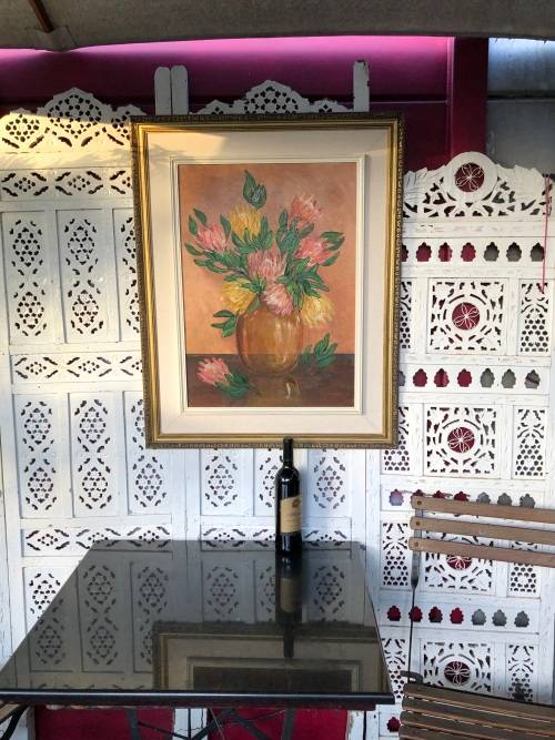 INVESTMENT ART !! BEAUTIFUL LARGE FRAMED OIL ON BOARD - STILL LIFE WITH PROTEA'S - SIGNED DATED