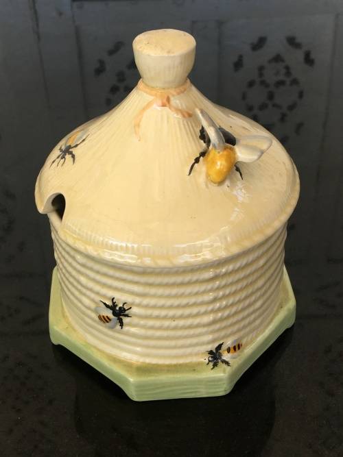 Vintage Crown Devon Made In England Raised Relief Lidded Honey Pot.