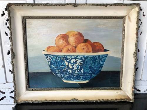 STUNNING FRAMED STILL LIFE OF FRUIT IN AN ORIENTAL BLUE AND WHITE BOWL - SIGNED LORNA 2000