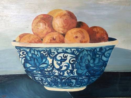 STUNNING FRAMED STILL LIFE OF FRUIT IN AN ORIENTAL BLUE AND WHITE BOWL - SIGNED LORNA 2000
