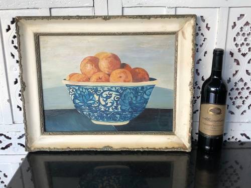 STUNNING FRAMED STILL LIFE OF FRUIT IN AN ORIENTAL BLUE AND WHITE BOWL - SIGNED LORNA 2000