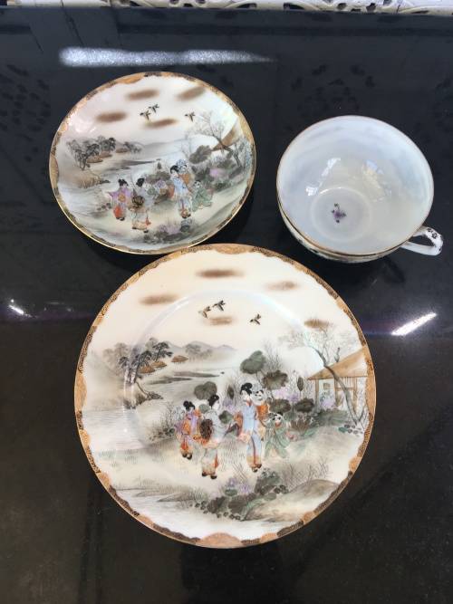 Antique Japanese Seal Mark Hand Painted Lithophane Tea Trio with Flower Motif inside Cup