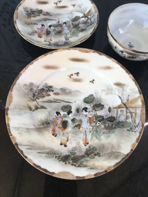Antique Japanese Seal Mark Hand Painted Lithophane Tea Trio with Flower Motif inside Cup