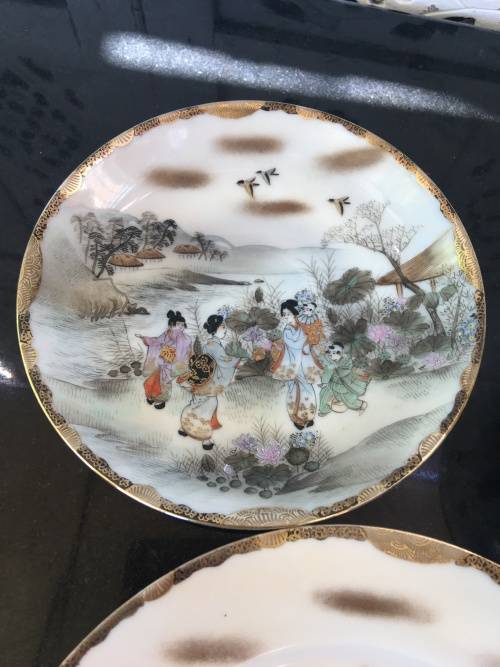 Antique Japanese Seal Mark Hand Painted Lithophane Tea Trio with Flower Motif inside Cup