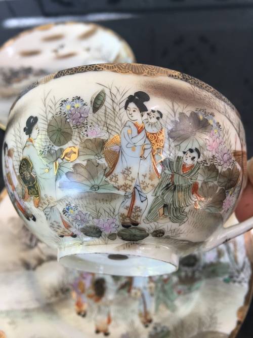 Antique Japanese Seal Mark Hand Painted Lithophane Tea Trio with Flower Motif inside Cup