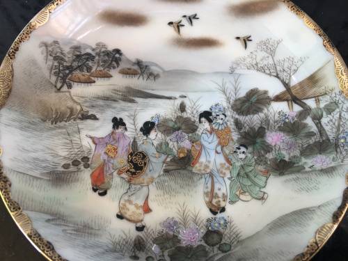 Antique Japanese Seal Mark Hand Painted Lithophane Tea Trio with Flower Motif inside Cup