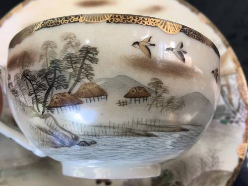 Antique Japanese Seal Mark Hand Painted Lithophane Tea Trio with Flower Motif inside Cup