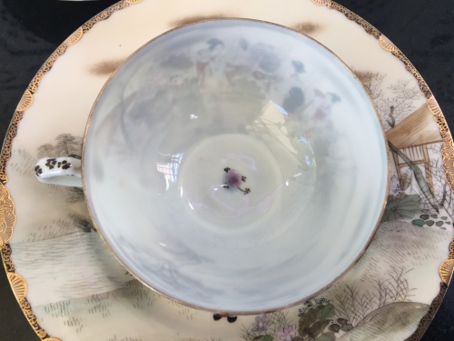 Antique Japanese Seal Mark Hand Painted Lithophane Tea Trio with Flower Motif inside Cup