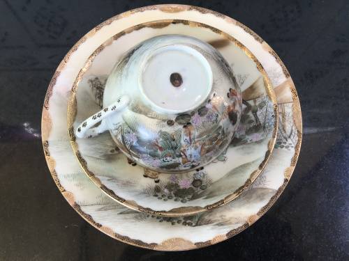 Antique Japanese Seal Mark Hand Painted Lithophane Tea Trio with Flower Motif inside Cup