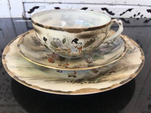 Antique Japanese Seal Mark Hand Painted Lithophane Tea Trio with Flower Motif inside Cup