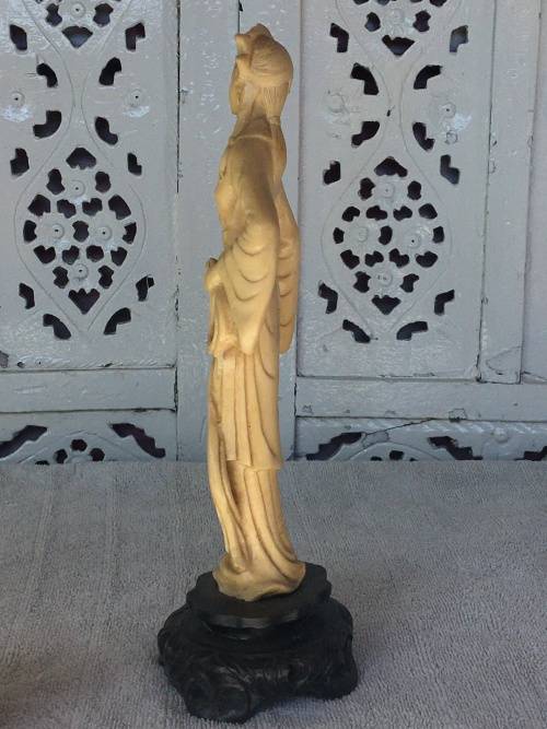 Old Resin Carved Eastern Female Deity. Signed on back lower dress and  inside under base 28cm