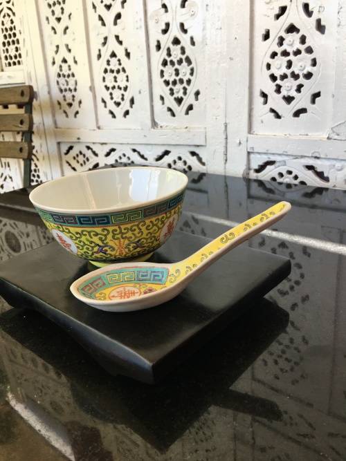 MID 1900s CHINESE JIANGXI JINGDEZHEN YELLOW ENAMEL HAND PAINTED RICE BOWL and SPOON