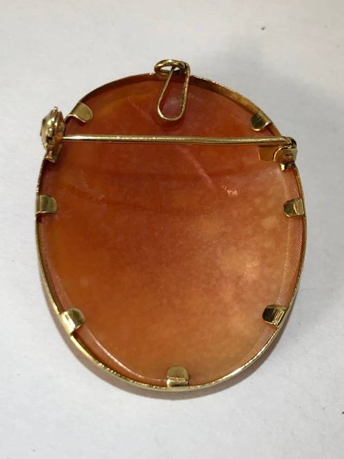 LARGE SIGNED ANTIQUE VICTORIAN 9ct YELLOW GOLD MOUNTED CARVED SHELL CAMEO PENDANT BROOCH
