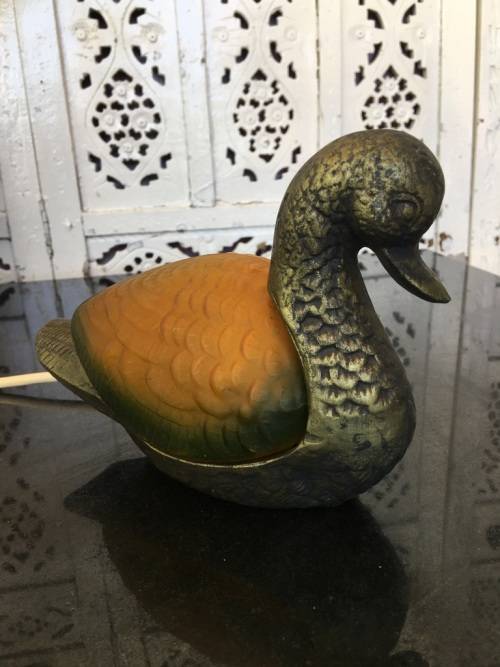 Duck Night Lamp Cast Bronzed Brass with Amber and Green Pressed Glass working 100%