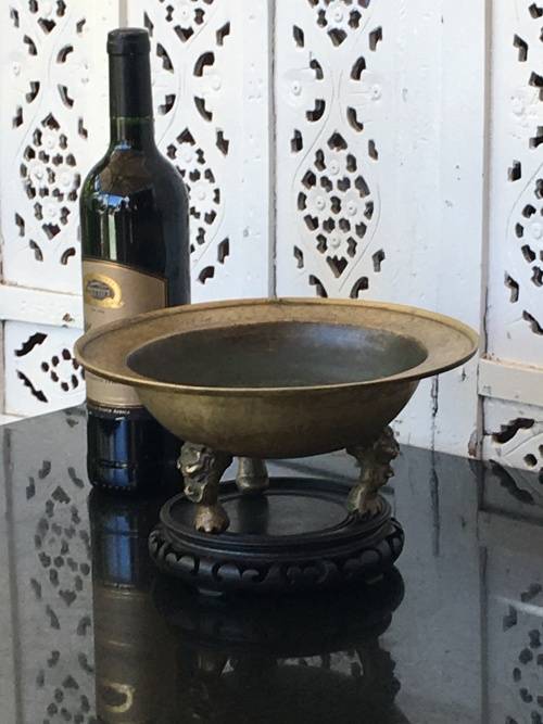 Large Antique Chinese Brass Tripod Burner on Carved Wood Stand