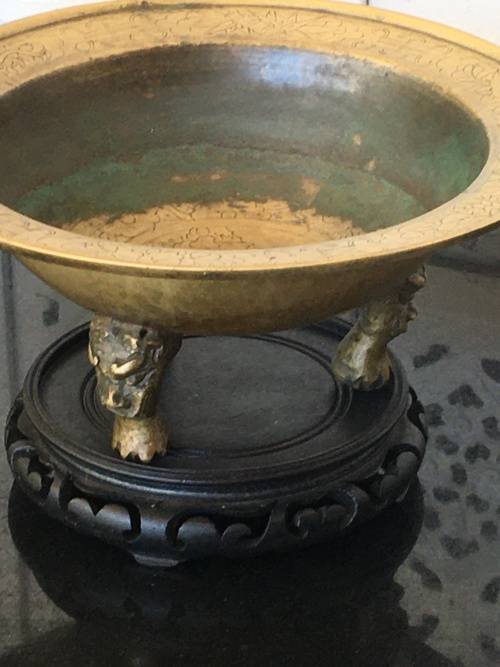 Large Antique Chinese Brass Tripod Burner on Carved Wood Stand