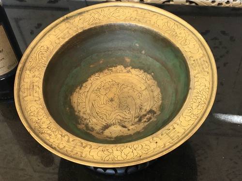 Large Antique Chinese Brass Tripod Burner on Carved Wood Stand