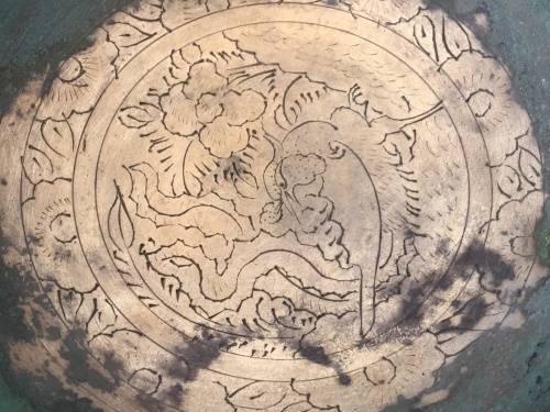 Large Antique Chinese Brass Tripod Burner on Carved Wood Stand