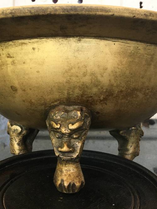 Large Antique Chinese Brass Tripod Burner on Carved Wood Stand