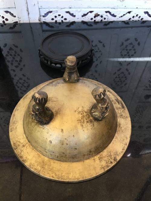 Large Antique Chinese Brass Tripod Burner on Carved Wood Stand