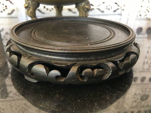 Large Antique Chinese Brass Tripod Burner on Carved Wood Stand