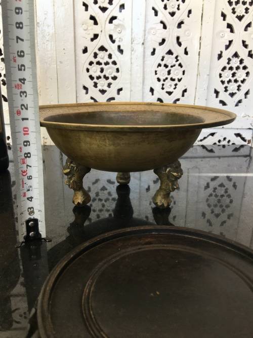 Large Antique Chinese Brass Tripod Burner on Carved Wood Stand