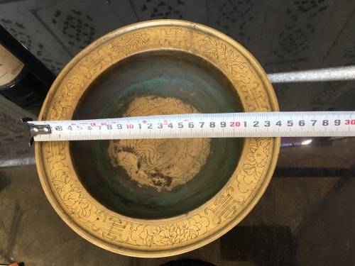 Large Antique Chinese Brass Tripod Burner on Carved Wood Stand