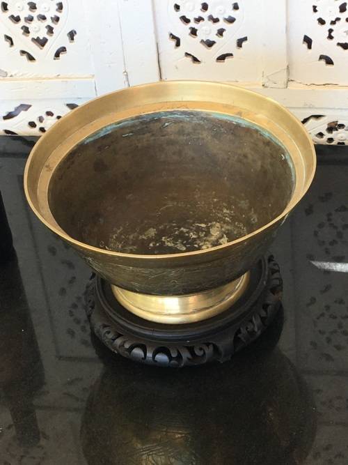 Large Antique Signed Chinese Brass Footed Bowl on Carved Wood Stand