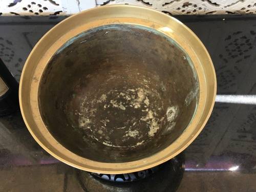 Large Antique Signed Chinese Brass Footed Bowl on Carved Wood Stand