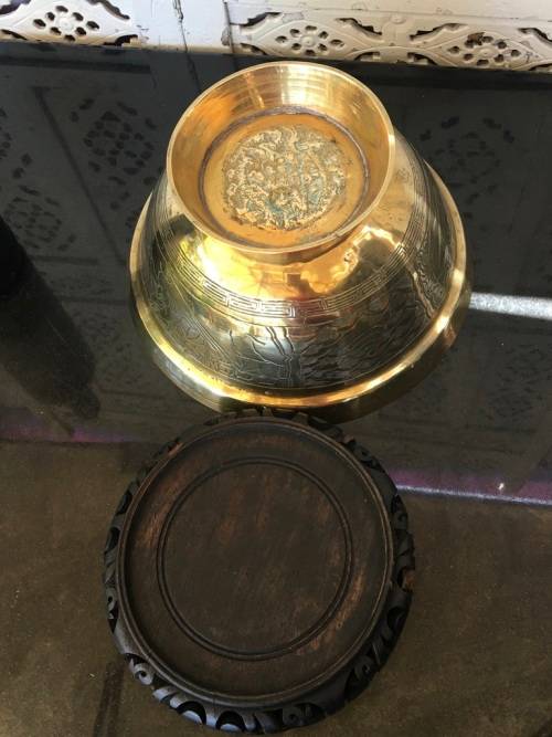 Large Antique Signed Chinese Brass Footed Bowl on Carved Wood Stand