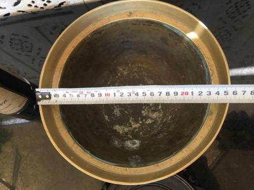 Large Antique Signed Chinese Brass Footed Bowl on Carved Wood Stand