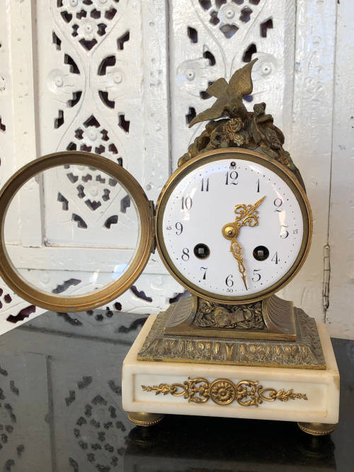 c1900 STUNNING SAMUEL MARTI BRONZE AND MARBLE BASED VICTORIAN MANTLE CLOCK - WITH KEY - WORKING 100%