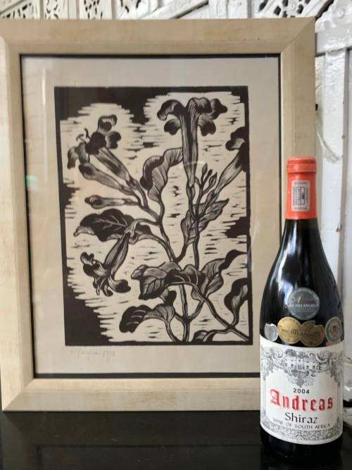 WOW !!! GREGOIRE BOONZAIER (1909 - 2005) RARE FRAMED LINOCUT OF FLOWERS - SIGNED AND DATED 1978