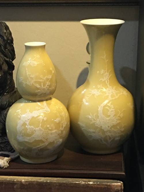 Large Chinese Yellow Prunus Vase with white blossoms on Carved Wood Stand