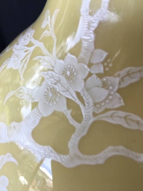 Large Chinese Yellow Prunus Vase with white blossoms on Carved Wood Stand