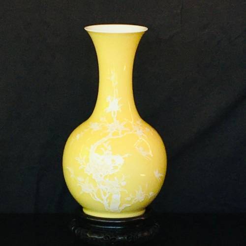 Large Chinese Yellow Prunus Vase with white blossoms on Carved Wood Stand