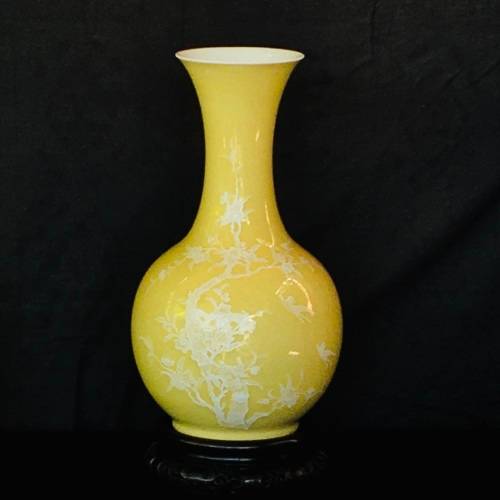 Large Chinese Yellow Prunus Vase with white blossoms on Carved Wood Stand
