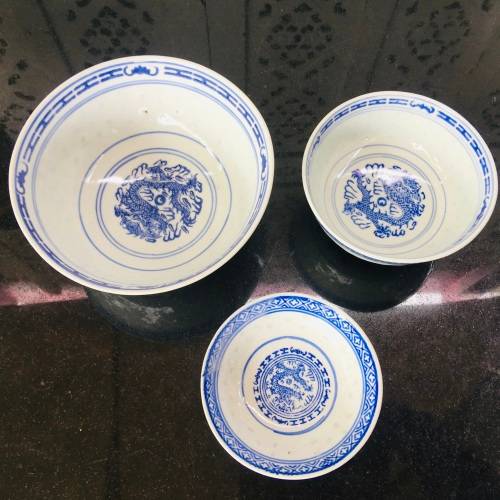 Lot 3Pc Vintage Marked Chinese Rice Grain Pattern Blue Dragon Hand Painted Porcelain Tableware