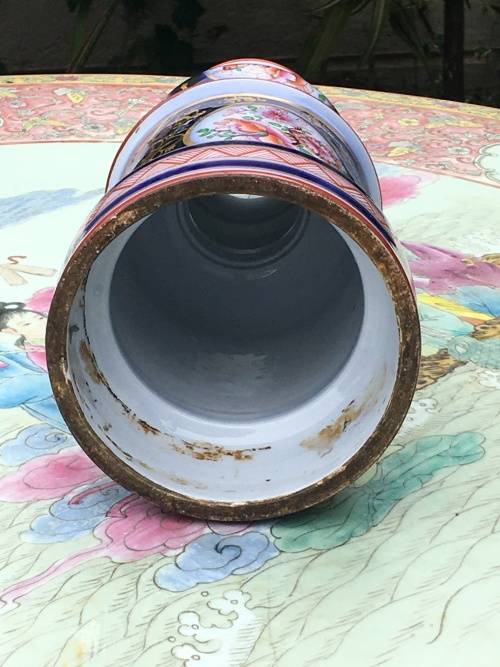 Heavy Large Antique Hand Painted Porcelain Barrel Vase For Lamp Exceptional Piece