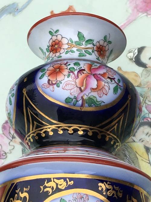 Heavy Large Antique Hand Painted Porcelain Barrel Vase For Lamp Exceptional Piece