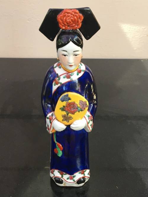 Antique Signed Oriental female porcelain figurine hand sculpted and decorated. (Incense burner)