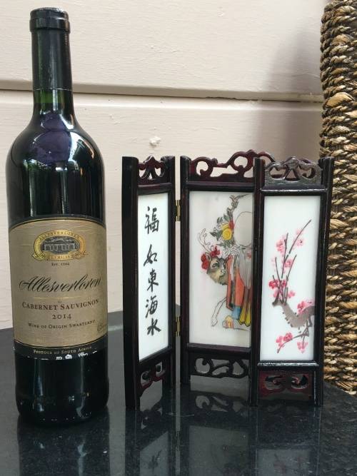 Vintage Signed Chinese wooden carved framed Double sided hand painted stone 3 panel table screen.