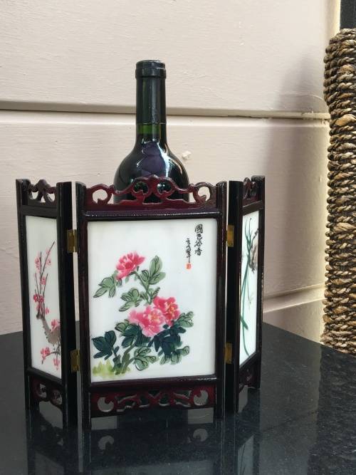 Vintage Signed Chinese wooden carved framed Double sided hand painted stone 3 panel table screen.