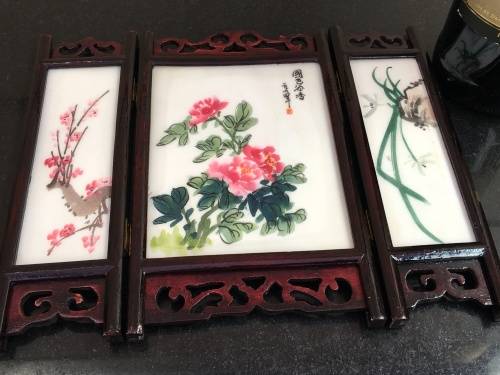 Vintage Signed Chinese wooden carved framed Double sided hand painted stone 3 panel table screen.