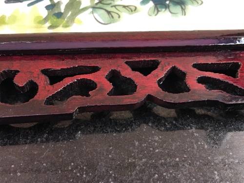 Vintage Signed Chinese wooden carved framed Double sided hand painted stone 3 panel table screen.