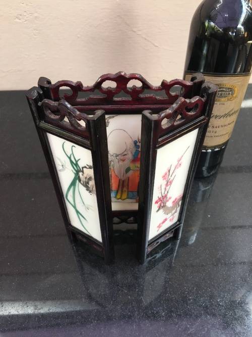 Vintage Signed Chinese wooden carved framed Double sided hand painted stone 3 panel table screen.