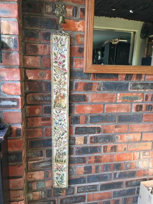 Complete Victorian Hanging Brass Bell with spring and Needlepoint Bell Pull