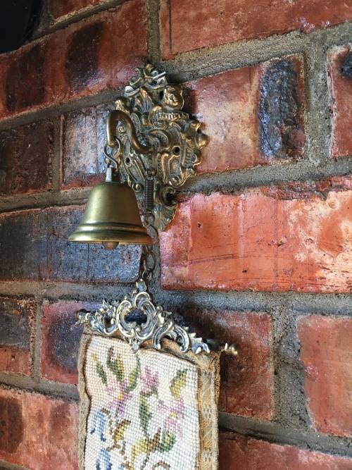 Complete Victorian Hanging Brass Bell with spring and Needlepoint Bell Pull