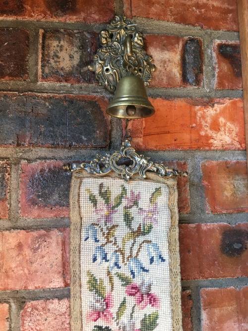 Complete Victorian Hanging Brass Bell with spring and Needlepoint Bell Pull